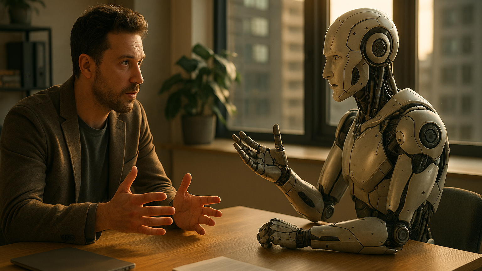 リアルな写真調で、一人起業家とメカニカルなロボットAIが机を挟んで議論する様子