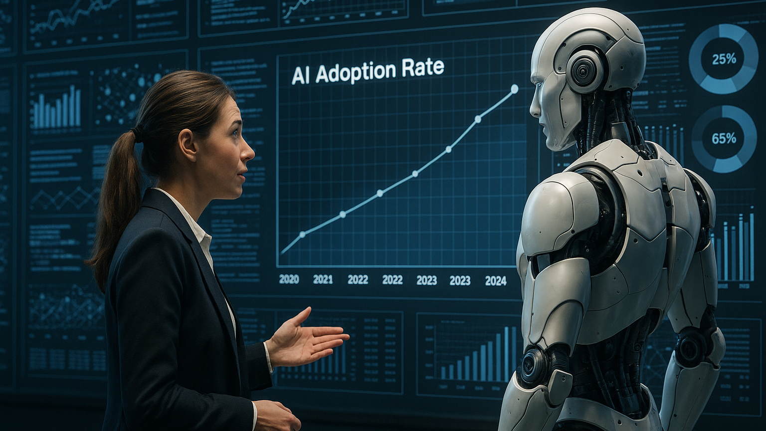 リアルな写真調で、巨大なデータウォールを前にAI普及率を議論する女性起業家とロボットAI