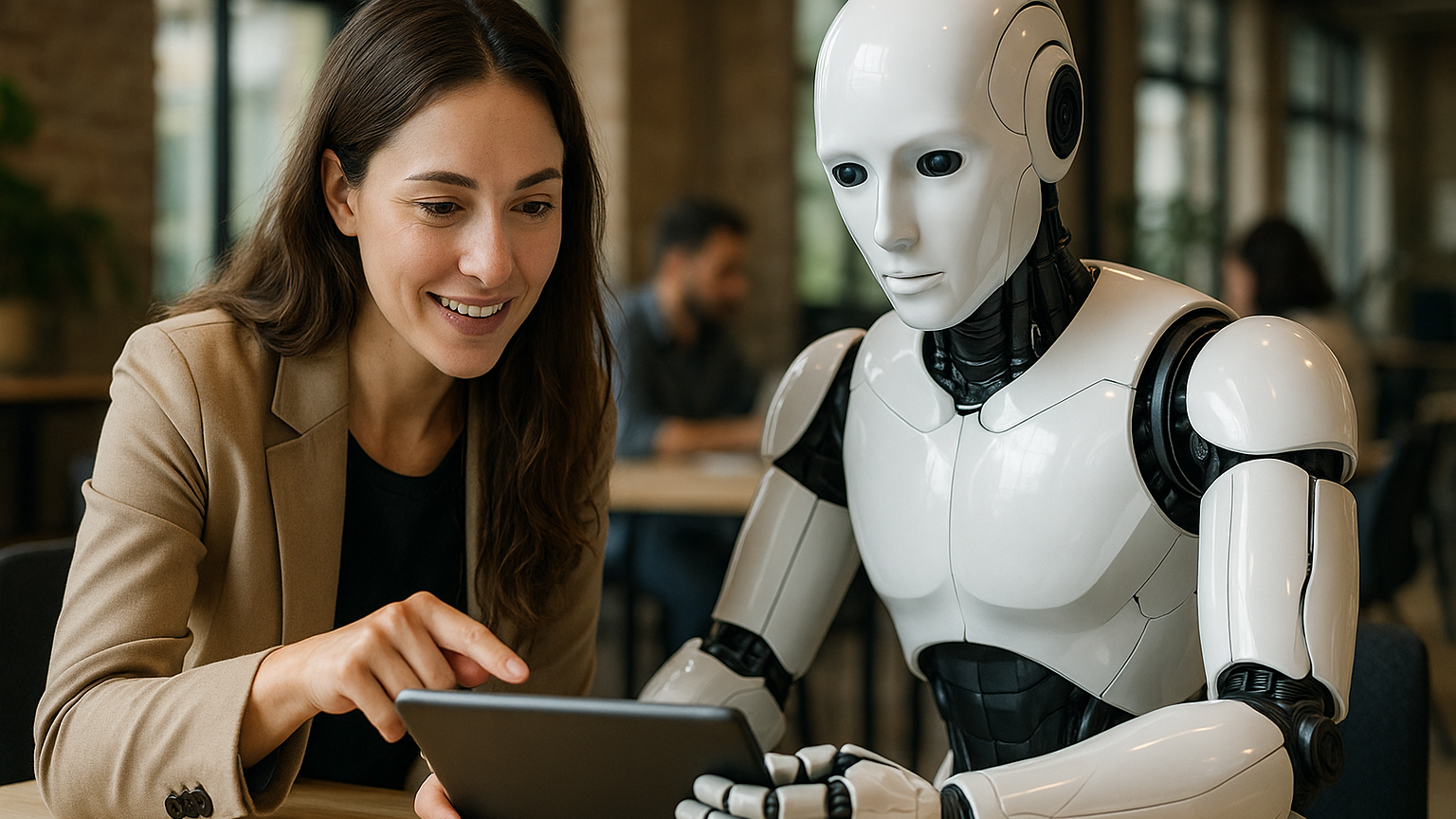 リアルな写真調で、コワーキングスペースで女性起業家とロボットAIが実践事例を議論する様子