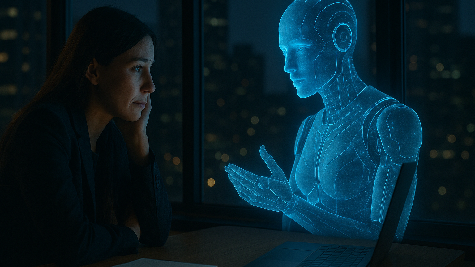 リアルな写真調で、夜の窓際でホログラム状のロボットAIと語り合い心を支える女性起業家