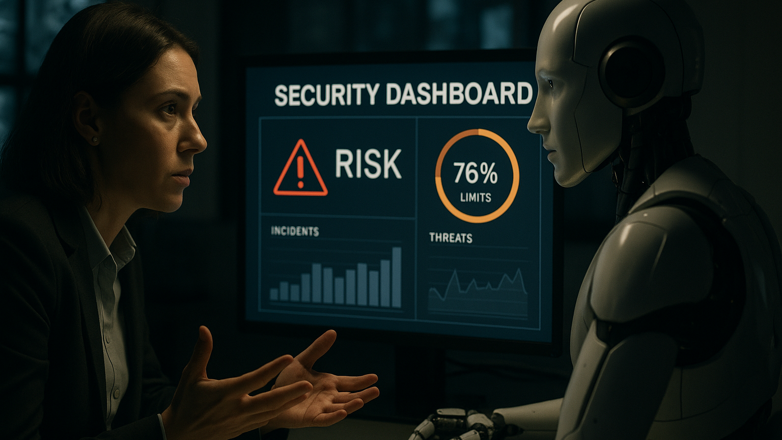 リアルな写真調で、暗い監視室で女性起業家とロボットAIがリスクモニターをチェックする様子