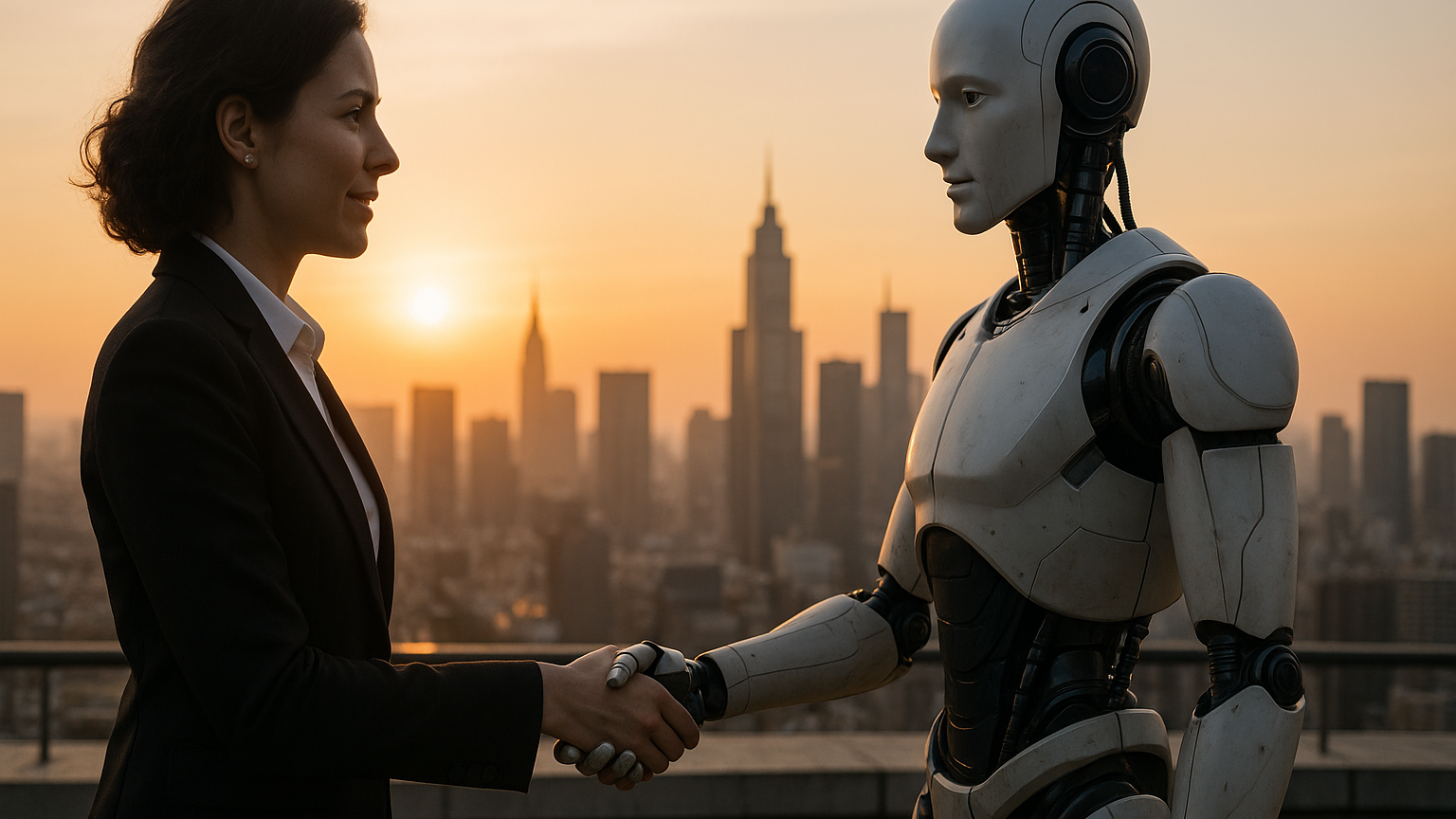リアルな写真調で、朝焼けの屋上で女性起業家とロボットAIが都市を背景に握手する様子